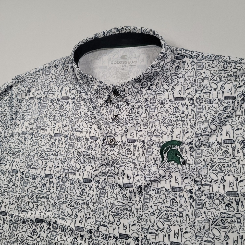 Colosseum Men Polo Shirt XL Michigan‎ State Spartans AOP Graphic Print White
